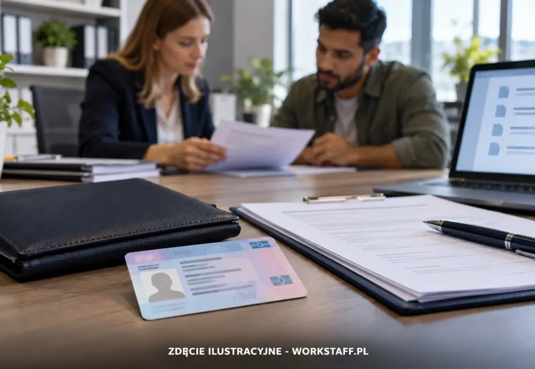 Dokumenty pobytowe i umowa o pracę ułożone na biurku podczas przygotowywania formalności związanych z zatrudnieniem cudzoziemca w Polsce.