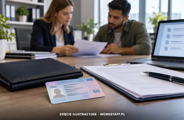Dokumenty pobytowe i umowa o pracę ułożone na biurku podczas przygotowywania formalności związanych z zatrudnieniem cudzoziemca w Polsce.